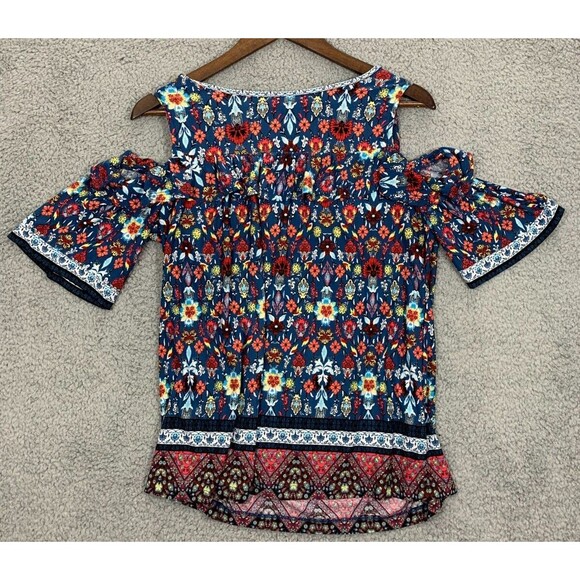 Women's Small (S) Fever Cold Shoulder Colorful Floral Blue Orange Red Blouse Top - Picture 3 of 16